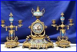 1875 Vintage Antique French Japy Freres Set Gilt Bronze, Porcelain, Strike Clock