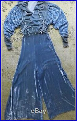 1920s 1930s Blue Silk Velvet Devore Jumpsuit One Piece Rhinestone Vintage Rare