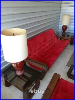 1960s-1970s Red Velvet Mexican Brutalist Mid Century Livingroom 10 Pieces