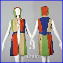 1960s Mod Color Block Suede Vest Hood Hooded Patchwork Leather Jacket Coat VTG
