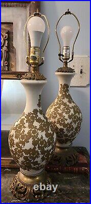 2 Antique Art Nouveau Hollywood Regency Lamps Gold White French Country brass