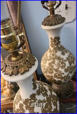 2 Antique Art Nouveau Hollywood Regency Lamps Gold White French Country brass