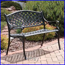 2-Person Checkered Cast Aluminum Outdoor Garden Bench Black by Sunnydaze