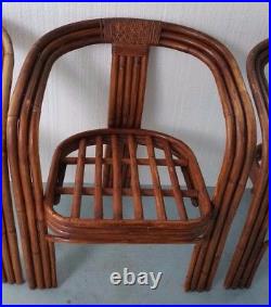(3) Vintage Mid Century Modern Bamboo Rattan Bent Wood Arm Chairs Wooden Pegged
