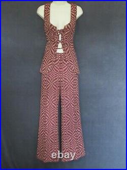 70's Vintage College Town Burgundy Beige Knit Tie Vest Top Bell Bottom Pants Set