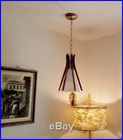 78 Vintage Teak Ceiling Light lamp fixture midcentury Danish modern pendant swag
