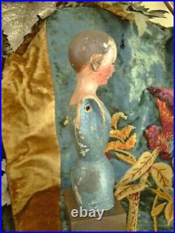 ANTIQUE EARLY WOODEN Doll FEMALE FIGURE with Glass Eyes