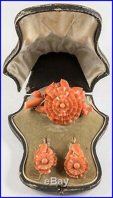 ANTIQUE VICTORIAN CARVED CORAL EARRINGS BROOCH SET 18K GOLD w ORIGINAL BOX