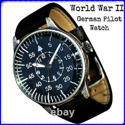 AVIATOR WW2 German Pilot Vintage Flight Mens Watch Aviation Black Leather Strap