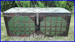 Ancient Wooden Painted Huge Chest Metal Upholstery Antique Vintage Retro Old