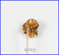 Antique 14k Gold Art Nouveau Enamel & Diamond Pansy Flower Stick Pin