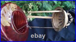 Antique 1870 1910 Red CRANBERRY SWIRL Glass Bell Shade Hall Parlor Oil Lamp