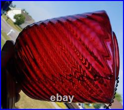 Antique 1870 1910 Red CRANBERRY SWIRL Glass Bell Shade Hall Parlor Oil Lamp