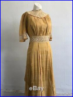 Antique 1900s Edwardian Pale Yellow Silk Dress Gown Crocheted Lace Inserts VTG