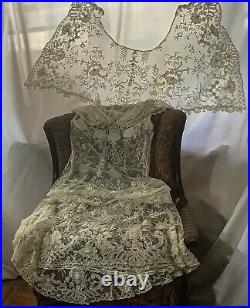 Antique 1920s Brussels Princess lace wedding dress and veil M -L