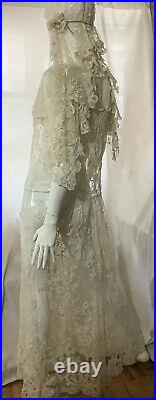 Antique 1920s Brussels Princess lace wedding dress and veil M -L