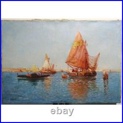 Antique 19th Belgium Original Bord de mer Oil canvas Painting signed HOUBEN
