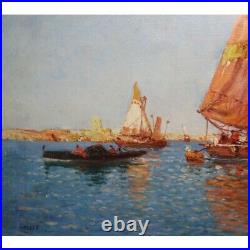 Antique 19th Belgium Original Bord de mer Oil canvas Painting signed HOUBEN