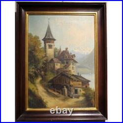 Antique 19th Swiss Rare Original Oil on canvas Painting Church and Lake