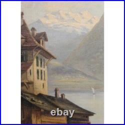 Antique 19th Swiss Rare Original Oil on canvas Painting Church and Lake