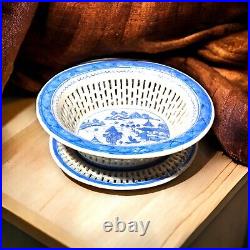 Antique 19th c. Qing Dynasty Chinese Blue Canton Reticulated Bowl & Underplate