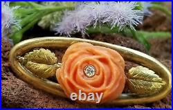 Antique Art Nouveau 14k Gold Diamond Coral Flower Brooch Pin-Estate Jewelry 5.9g