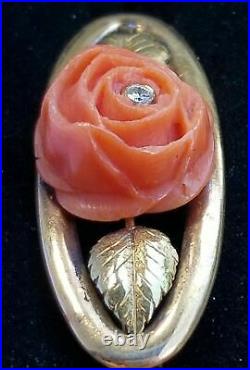 Antique Art Nouveau 14k Gold Diamond Coral Flower Brooch Pin-Estate Jewelry 5.9g