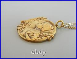 Antique Art Nouveau Necklace 14K Gold Diamond Lady Pendant 16 Chain JJ 8.4 Gram