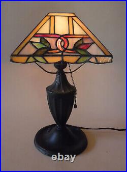 Antique Arts & Crafts Signed Miller Stain Glass Bronze /Brass Boudoir Table Lamp