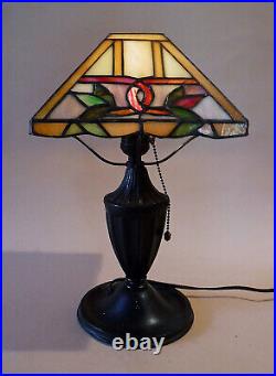 Antique Arts & Crafts Signed Miller Stain Glass Bronze /Brass Boudoir Table Lamp