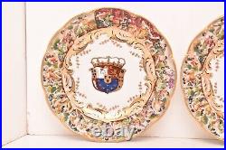 Antique Capodimonte Armorial Crest Coat Of Arms Cabinet Plates Set of 2 Pair
