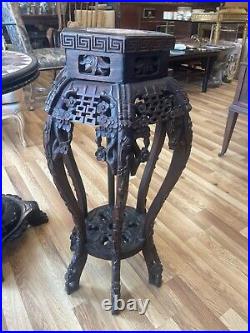 Antique Carved CHINESE Hexagonal Inset Marble TEAKWOOD Tabouret PEDESTAL Stand