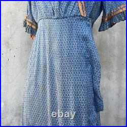 Antique Edwardian Blue Cotton Dress Geometric Print Maxi 1900s Ribbon Vintage
