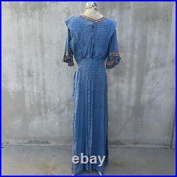 Antique Edwardian Blue Cotton Dress Geometric Print Maxi 1900s Ribbon Vintage