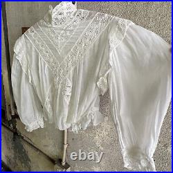 Antique Edwardian White Cotton & Lace Bodice Balloon Sleeve Dress Blouse Vintage