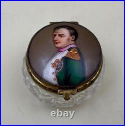 Antique Enameled Napoleon Portrait Patch Snuff Pressed Glass Crystal Box