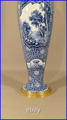 Antique Franz Ant Mehlem Faience Vase Earthenware Blue White Decor Bronze Gilded