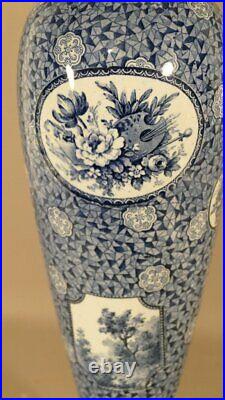 Antique Franz Ant Mehlem Faience Vase Earthenware Blue White Decor Bronze Gilded