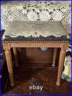 Antique French Walnut Bench Footstool Flower Motif Needlepoint