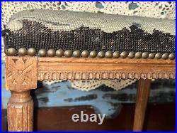 Antique French Walnut Bench Footstool Flower Motif Needlepoint