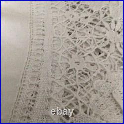 Antique French White Linen & Cluny Hand Bobbin Lace 70 Round Tablecloth Topper