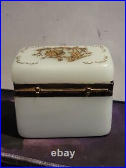 Antique French White Opaline Glass With Gold Trinket Box Vanity Box Rare