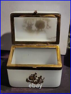 Antique French White Opaline Glass With Gold Trinket Box Vanity Box Rare