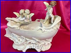 Antique German Bisque Porcelain Putti Cherubs on Boat Meissen Style Centerpiece