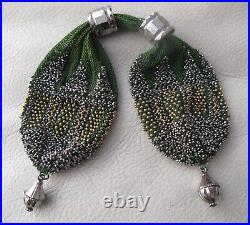 Antique Green Crochet Net Silver Gold Steel Micro Bead Tassel Miser Purse 1890s