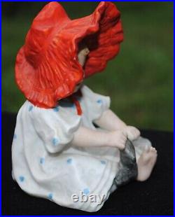 Antique Heubach Bisque Girl Red Ruffled Bonnet Grey Socks Piano Baby Figurine