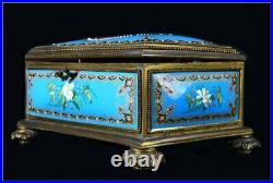Antique Jewelry Box Austrian Blue Porcelain key Fine Floral Craftsmanship 19th