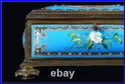 Antique Jewelry Box Austrian Blue Porcelain key Fine Floral Craftsmanship 19th