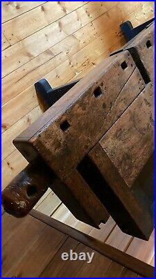 Antique Late 1800's Carpenters Woodworkers Wood Bench 2 Vises Hall Table Decor