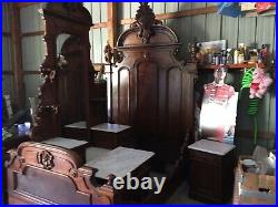 Antique Monumental 9 1/2 Foot Victorian Walnut Marble Top 4 Pc Bedroom Set